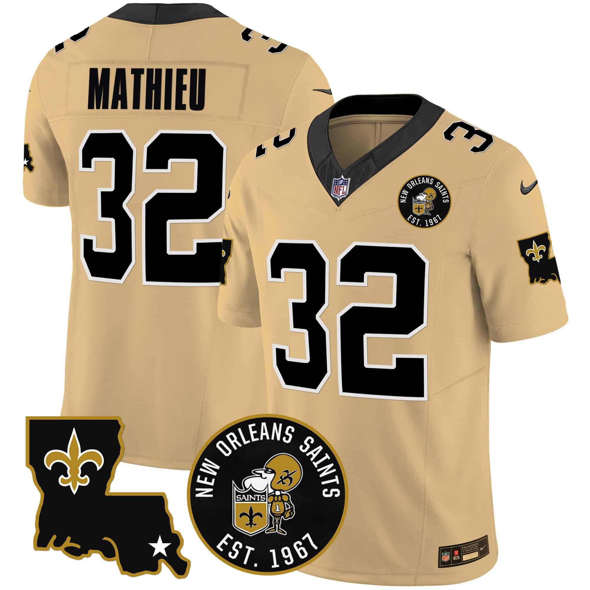 Men New Orleans Saints #32 Mathieu Yellow 2024 Nike 1967 Patch Vapor Limited NFL Jersey